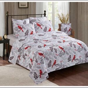 NEW! Red Cardinals Farmhouse Printed QUEEN Quilt Set with matching Tote Boho